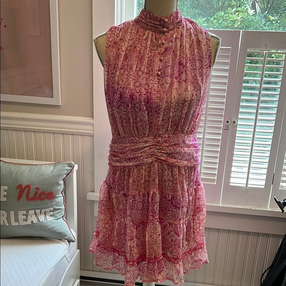 NWT Pink block print Floral Sleeveless Dress- ruched